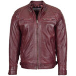 Mens Biker Leather Jacket Standing Collar Bowie Rub Off - Image 3
