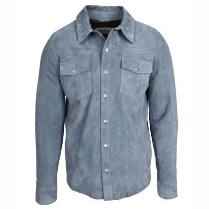 Mens Real Goat Suede Shirt Western Trucker Jacket Oliver Denim Blue
