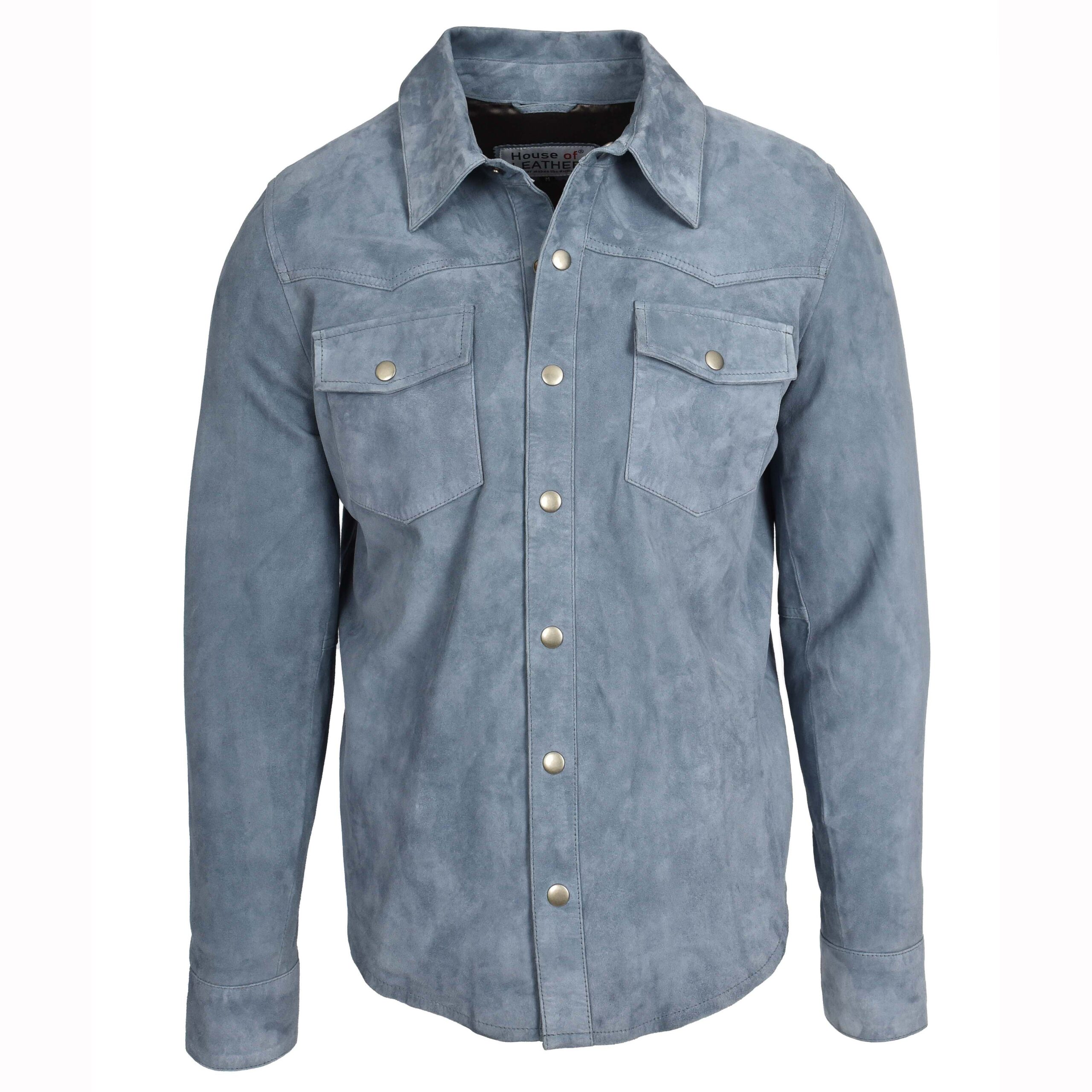 1_a22658bd-95ed-4287-a879-80961e5794f5 Mens Real Goat Suede Shirt Western Trucker Jacket Oliver Denim Blue - Image 1