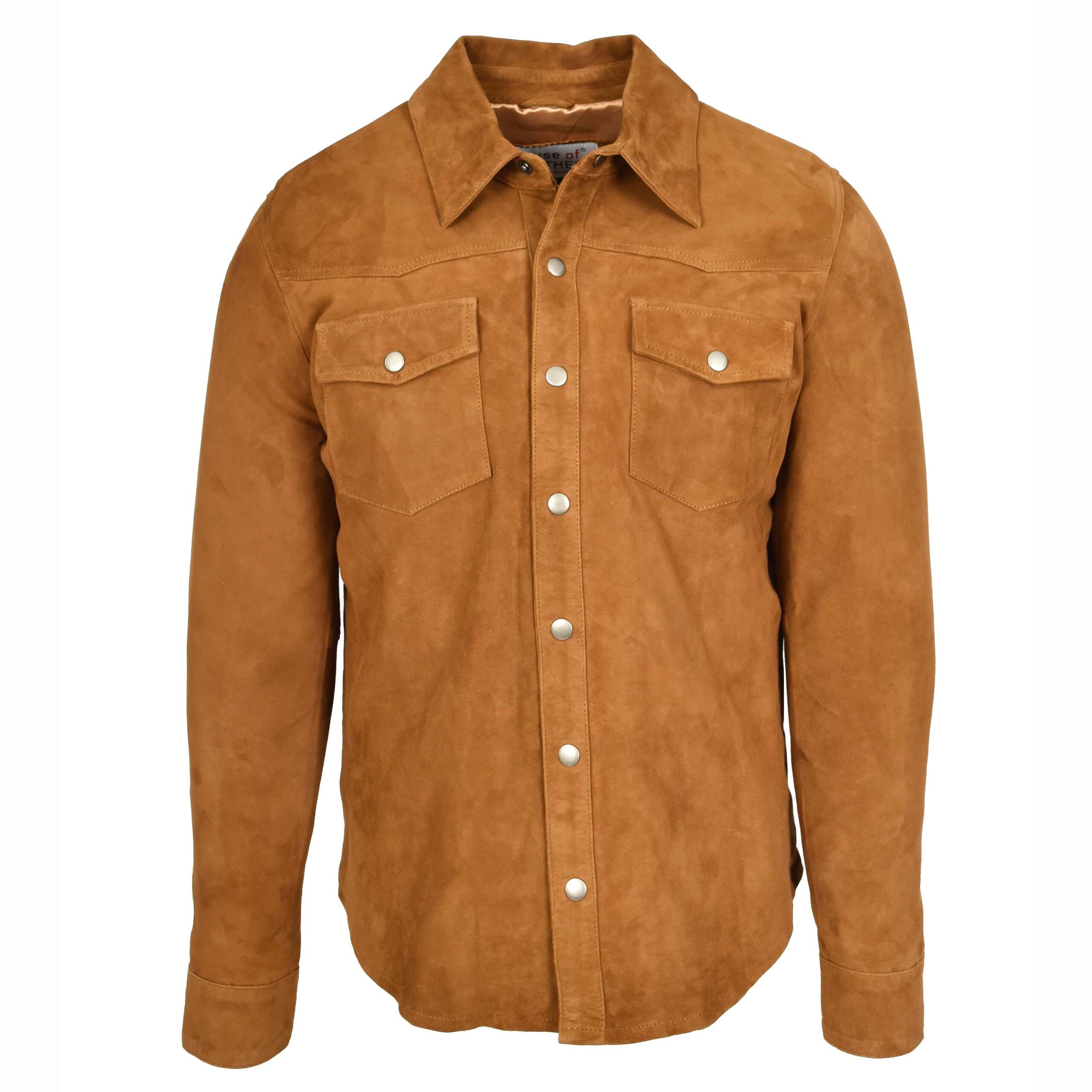 1_d8c9ad9b-4cc4-4535-b653-dc904cd58af2 Mens Real Goat Suede Shirt Western Trucker Jacket Oliver Cognac - Image 1