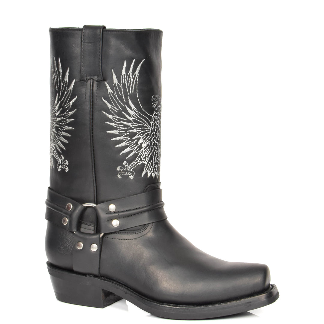 1_e10d5277-5a85-4b6f-afbd-07fbbef0f5e3 Mens Leather Western Heel Biker Boots 08BE-HI Black - Image 1